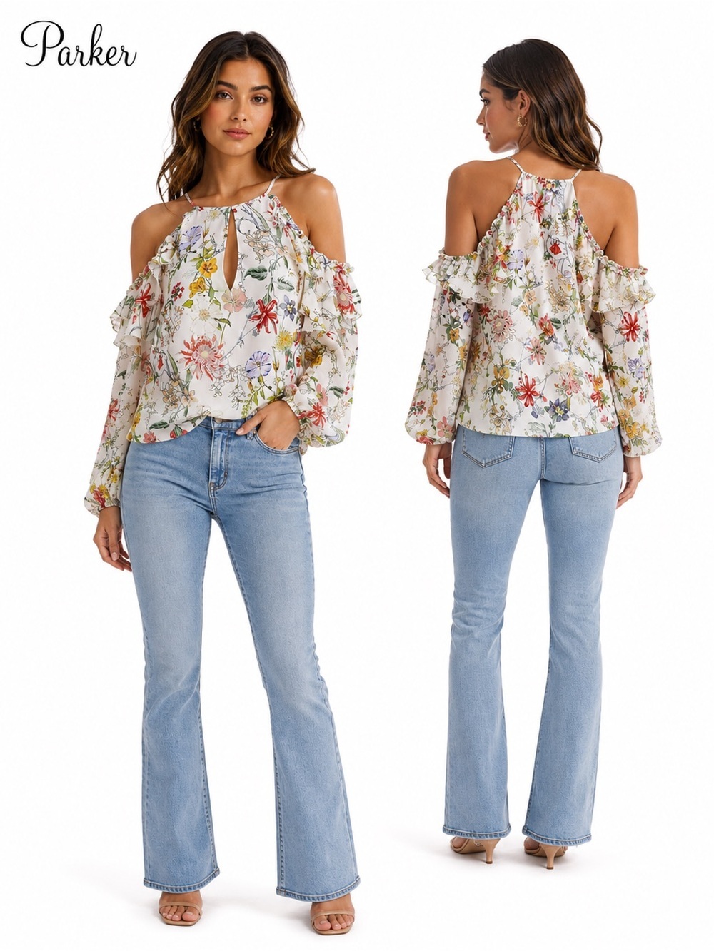 Parker 100% Silk Floral Cold Shoulder Blouse Medium Balloon Sleeve cottage core